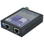 Schwarzes elektronisches Gerät mit der Aufschrift "AMG172", zwei Ethernet-Anschlüssen und einem blauen CPG-Anschluss.
