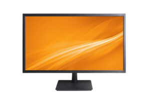 Ein schwarzer Computermonitor mit einem orangefarbenen Bildschirmhintergrund, auf dem wellenförmige Linien zu sehen sind.