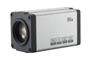Rechteckige Überwachungskamera mit 30-fachem Zoom, HD-SDI, EX-SDI und WDR-Funktion, silbernes Gehäuse.