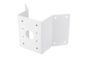 Ein weißer Metallwinkel mit mehreren Löchern zur Befestigung, geeignet für Wandmontage.