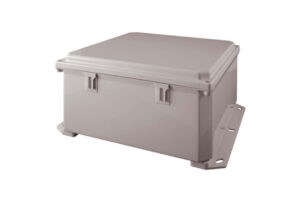 Grau-beige Kunststoffbox mit Deckel und seitlichen Befestigungslaschen.