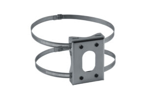 Metallische Montagestütze mit verstellbaren Bändern und Schraublöchern.