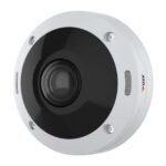 Überwachungskamera mit rundem, weißem Gehäuse und schwarzer Linse.