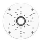 Runde weiße Montageplatte mit mehreren Bohrungen und einem zentralen Loch.