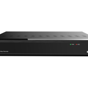 Ein schwarzer 4-Kanal-Netzwerk-Videorekorder mit LED-Anzeigen für Strom und Festplatte, USB-Port und dem Logo von Eneo.
