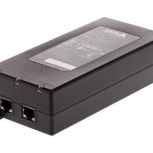 Ein schwarzer PoE-Injektor von Axis mit zwei Ethernet-Ports, einer für "Data In" und einer für "Data & Pwr Out".