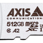 Eine weiße microSD-Karte mit der Aufschrift "AXIS Communications 512GB microSD XC I A2 U3".