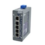 Ein industrieller Ethernet-Switch mit fünf RJ45-Ports und einem blauen Anschluss oben.