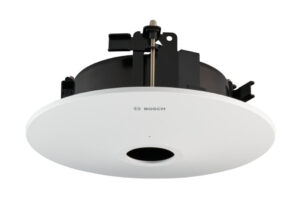 Einbau-Deckenlautsprecher von Bosch mit einem schwarzen Gehäuse und einer weißen Frontabdeckung.