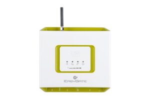 Ein weißes Gerät mit einer Antenne, beschriftet als "EASYGATE", mit grünem Rand um die zentralen Bedienelemente.