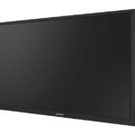 Ein schwarzer Flachbildschirmmonitor, schräg von der Seite gezeigt, mit einem schmalen Rahmen.