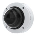 Überwachungskamera mit weißem Gehäuse und schwarzer Kuppel.