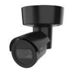 Eine schwarze Sicherheitskamera mit zylindrischer Form.