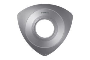 Dreieckige Metallplatte mit zentralem Loch, Markenlogo "Wisenet" oben.