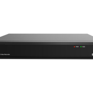 Ein digitaler 16-Kanal-HD-Videorekorder mit schwarzen Gehäuse, zwei Anzeigelichtern für Strom (rot) und Festplatte (grün), sowie einem USB-Anschluss rechts vorne.