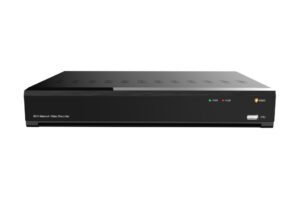 Ein schwarzer 8-Kanal Netzwerk-Videorekorder mit LED-Anzeigen für Strom und Festplatte.