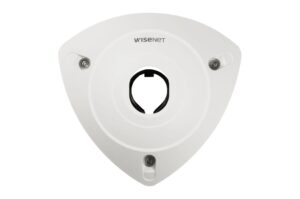 Weißes, dreieckiges Wisenet-Kamera-Montagezubehör mit drei Schraublöchern.