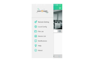 Die Benutzeroberfläche einer mobilen App mit einem Seitenmenü, das Optionen wie "Remote Setting", "Local Config", "File List", "Device List", "Notifications", "Help" und "About" anzeigt. Oben befindet sich das Logo "eneo insight mobile".