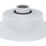 Weiße Deckenhalterung aus Kunststoff mit Gewinde in der Mitte.