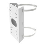 Flache, weiße Halterung mit zwei Befestigungsgurten und mehreren Bohrlöchern.