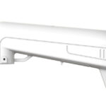 Weiße Wandhalterung mit abgerundetem Design und integrierten Befestigungsmöglichkeiten.