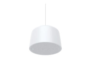 Eine hängende, weiße, zylindrische Lampe mit rundem Lautsprecher an der Unterseite.