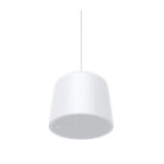 Weiße, zylinderförmige Pendelleuchte mit glatter Oberfläche.