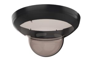 Eine schwarze Kuppelüberwachungskamera mit transparenter Abdeckung.