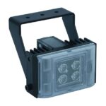 LED-Flutlichtstrahler mit schwarzem Gehäuse und Halterung, vier LEDs sichtbar hinter einer klaren Abdeckung.