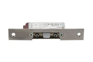 Elektrischer Türöffner aus Metall mit Anschlussdrähten und Befestigungslöchern.