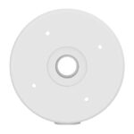 Weiße kreisförmige Montageplatte mit mittigem Loch und vier kleineren Löchern.