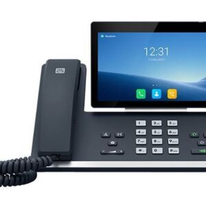 Ein modernes Tischtelefon mit großem Display und Zifferntastatur.