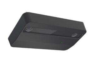 Schwarze, rechteckige Kamera mit zwei Linsen und einem kleinen grünen Licht auf der Vorderseite.