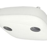 Eine weiße, abgerundete Überwachungskamera mit zwei Linsen.