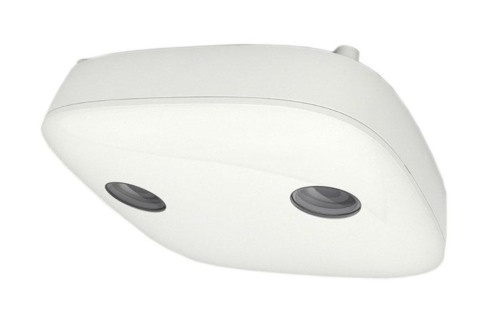Weißes, rechteckiges technisches Gerät mit zwei runden Sensoren oder Kameras auf der Unterseite.