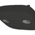Ein schwarzes, oben an der Decke montiertes Gerät mit zwei sichtbaren Linsen.