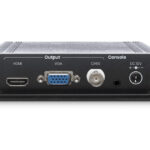 Vorderansicht eines elektronischen Geräts mit HDMI-, VGA-, CVBS-Ausgang und DC 12V-Anschluss.