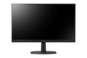Ein schwarzer Computermonitor von der Marke Wisenet mit einem dünnen Rahmen und einem stabilen Standfuß.