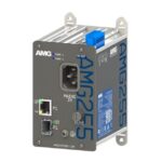 Industriegerät AMG2555 in grau mit blauen Akzenten, zeigt Netz- und Verbindungsschnittstellen.