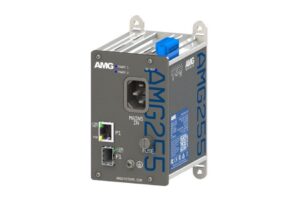 Industriegerät AMG2555 in grau mit blauen Akzenten, zeigt Netz- und Verbindungsschnittstellen.
