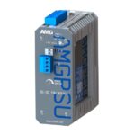 DC-DC-Wandler von AMG mit blauen Anschlussklemmen und Lüftungsschlitzen, geeignet für Spannungsanpassung und PoE-Booster.