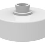 Eine weiße, zylinderförmige Kunststoffkappe mit einer zylindrischen Erhöhung in der Mitte.