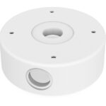 Weiße runde Anschlussbox mit mehreren Löchern und einer seitlichen Öffnung.