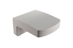 Ein moderner, minimalistisch gestalteter, weißer Wandarmaturenhalter aus Kunststoff.
