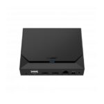 Ein schwarzes elektronisches Gerät mit mehreren Anschlüssen, darunter USB- und Ethernet-Anschlüsse.