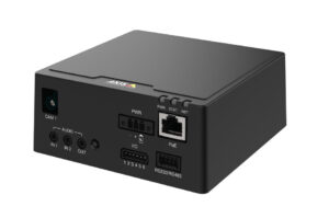 Kompakte schwarze elektronische Box mit verschiedenen Anschlüssen wie Audio, RS232/RS485, PoE und Netzwerkschnittstelle.