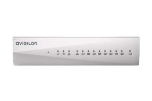 Ein weißes Avigilon-Netzwerkgerät mit mehreren Leuchtanzeigen und Symbolen auf der Vorderseite.