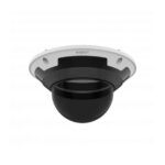 Schwarze Überwachungskamera mit halbrunder Kuppel und weißem Rahmen, Marke Wisenet.