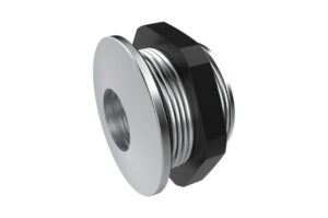 Eine silberne, zylindrische Metallverschraubung mit schwarzer Sechskantmutter.