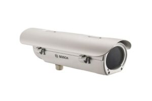 Ein silberfarbenes CCTV-Sicherheitskameragehäuse von Bosch mit abgerundetem Design.